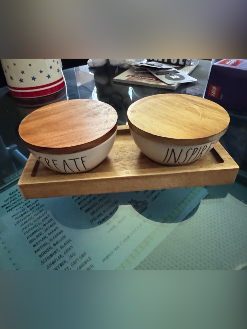Rae Dunn Wooden Lid Ceramic Bowls Set - White with Natural Wood